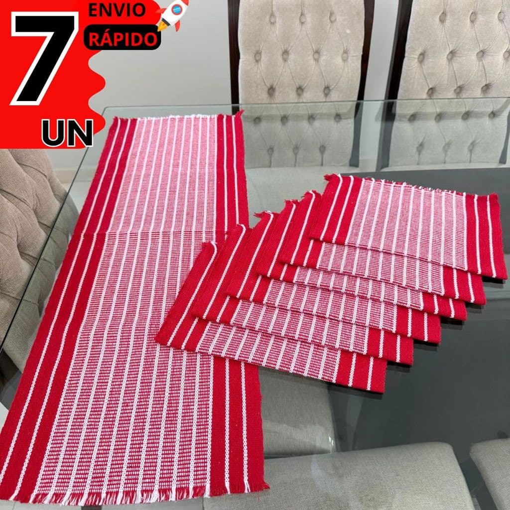 Kit de Mesa Posta 1/4/7Premium Artesanal Vermelho Caminho de Mesa + 6 Lugares, Ideal para Refeições.