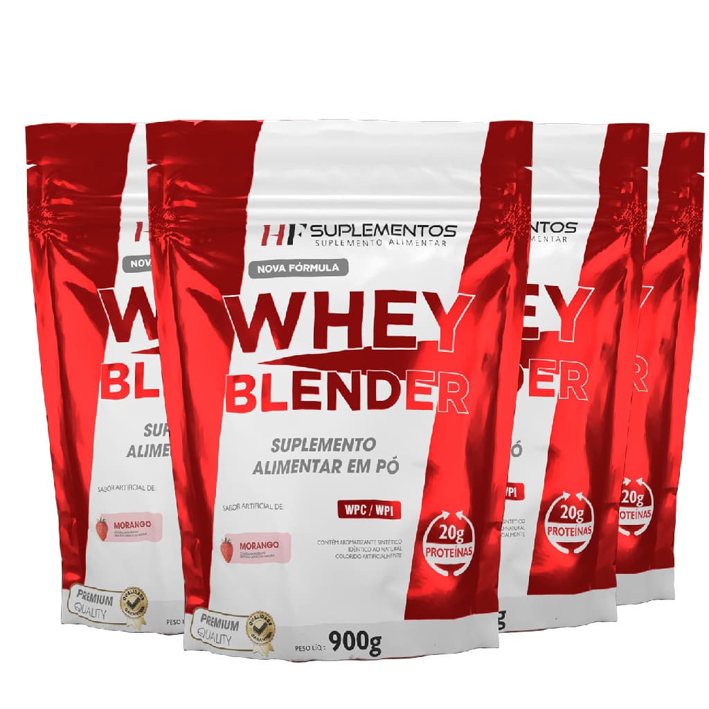 4X WHEY BLENDER CONCENTRADO MORANGO 900G HF SUPLEMENTOS