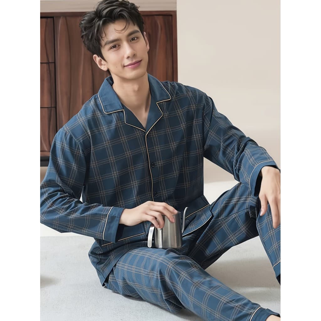 2 peças moda masculina xadrez lapela solta calças de manga comprida conjunto de pijamas, confortável pele-amigável, cas