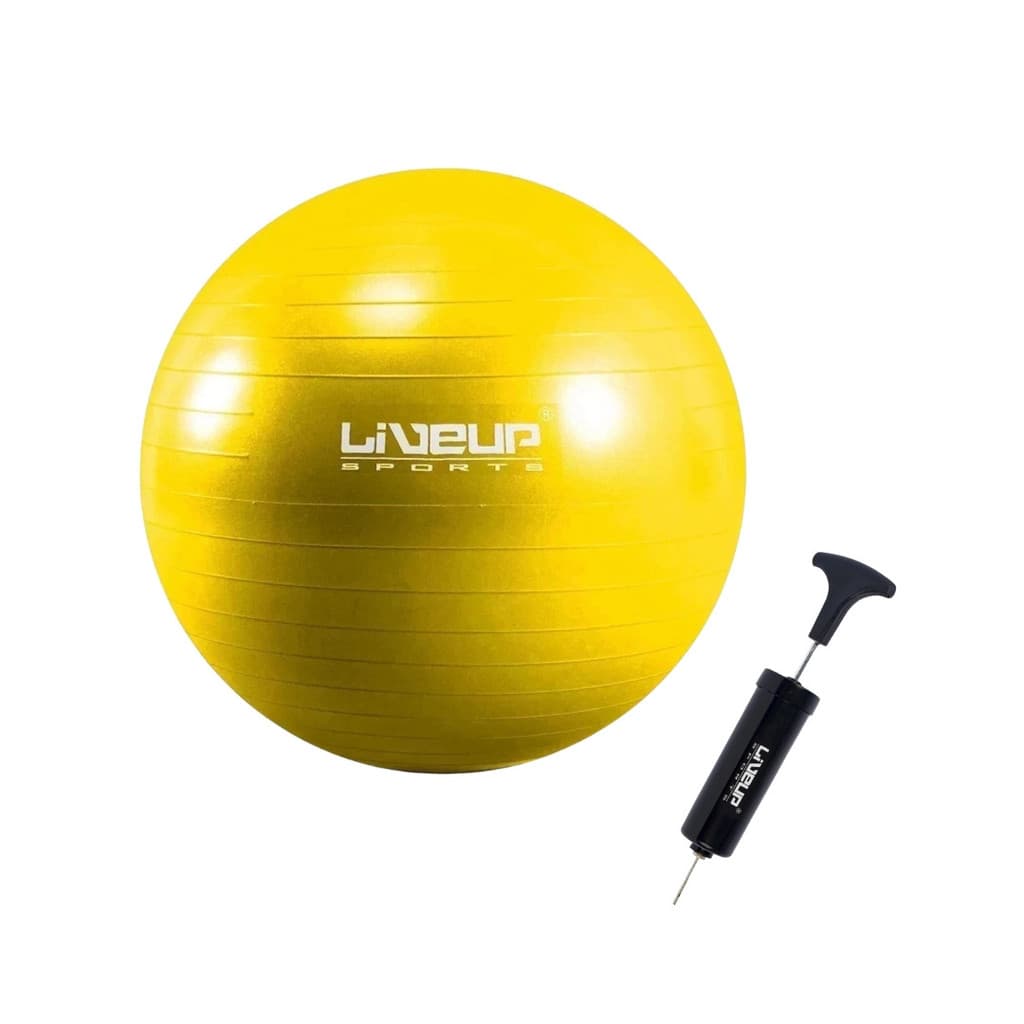 Kit Bola Suiça 75cm Gym Ball Pilates Amarela Inflador Liveup