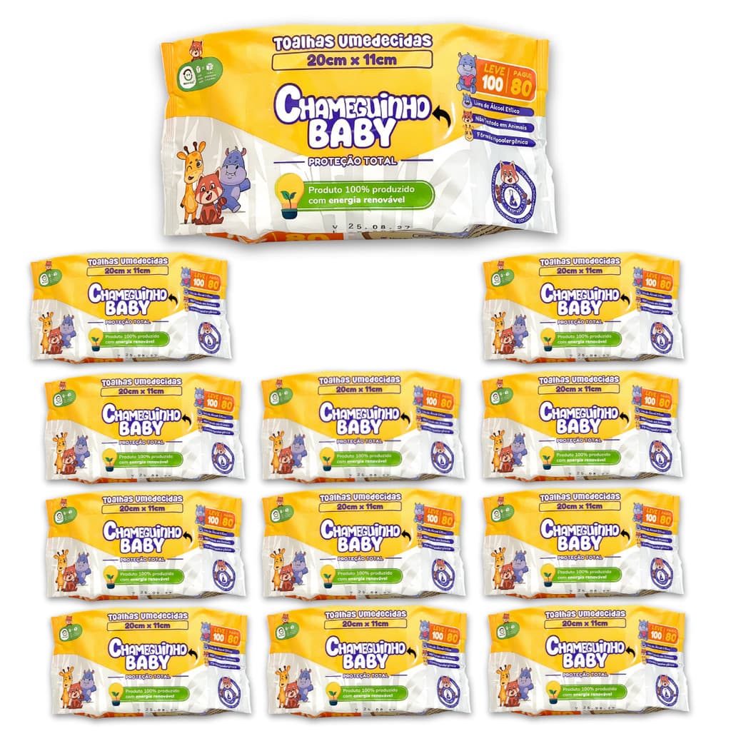 KIT 12 PACOTES CHAMEGUINHO BABY TOALHAS UMEDECIDAS LENÇO 100 FOLHAS CADA