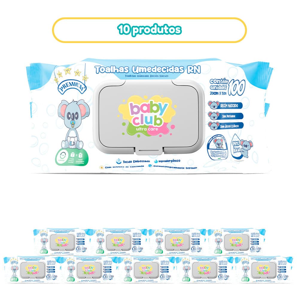 KIT 10 TOALHAS UMEDECIDAS RECEM NASCIDO BABY CLUB 100 FOLHAS