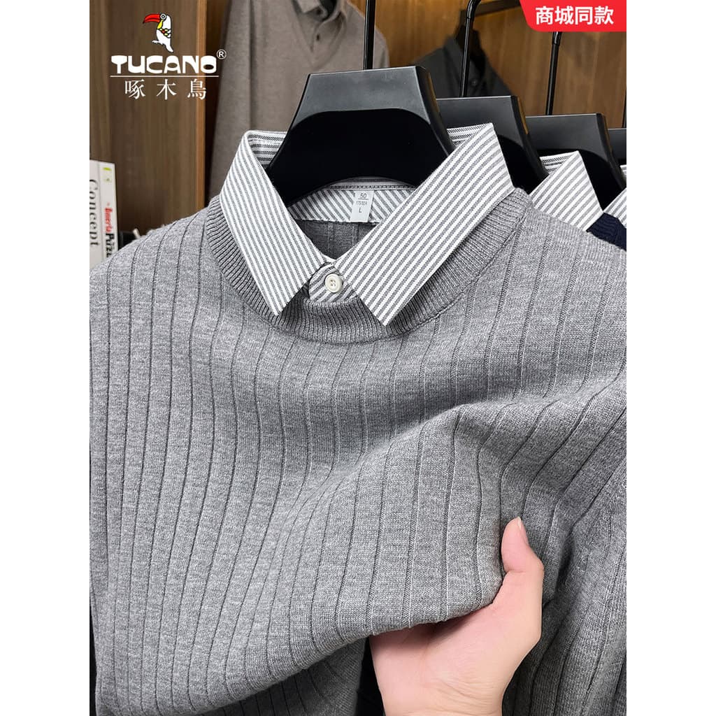 Woodpecker falso suéter de duas peças novo estilo outono inverno camisa gola superior meia-idade Stri