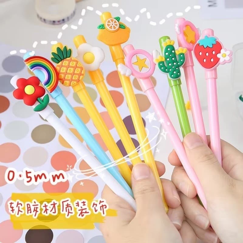 Canetas De Gel Fofas De Frutas E Arco-Íris De Desenho Animado , Tinta Preta Kawaii Para Estudantes Papelaria De Escritór