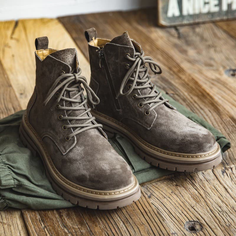 Lin Xiansen Martin Botas masculinas de couro genuíno de outono, cano médio, sola grossa, zíper lateral aumentado, botas