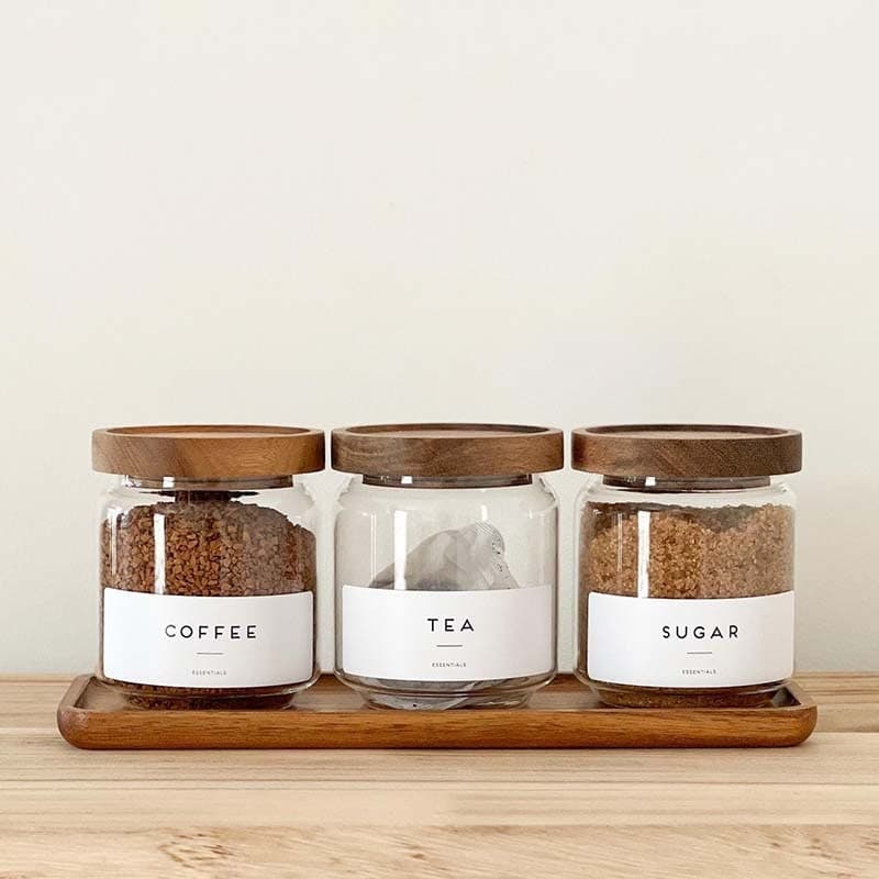 Jarra de vidro transparente com tampa de madeira de acácia retrô com conjunto de Base, conjunto de quatro peças, armazen