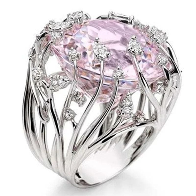 Novo anel de prata esterlina 925, incrustado com zircônia de cristal rosa exagerada, adequado para joias de casamento.