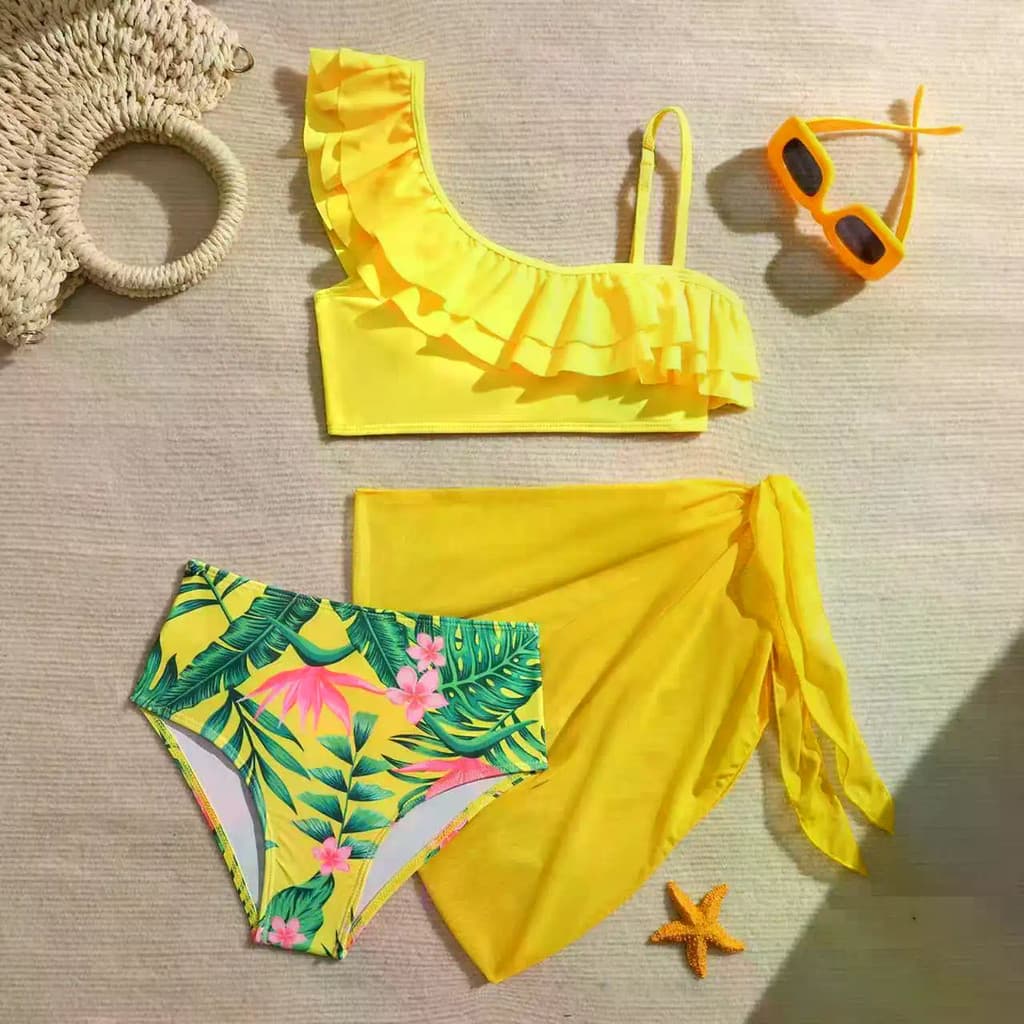 3 Peças Biquinis Babados Meninas Maiô Cintura Alta Crianças Roupa De Banho Bonito