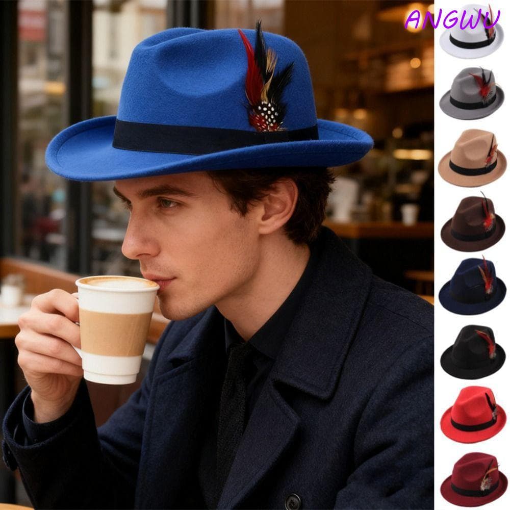 Chapéu Fedora Com Decorações De Penas ANGWU , Jazz Dress Up Topper De Lã Vintage