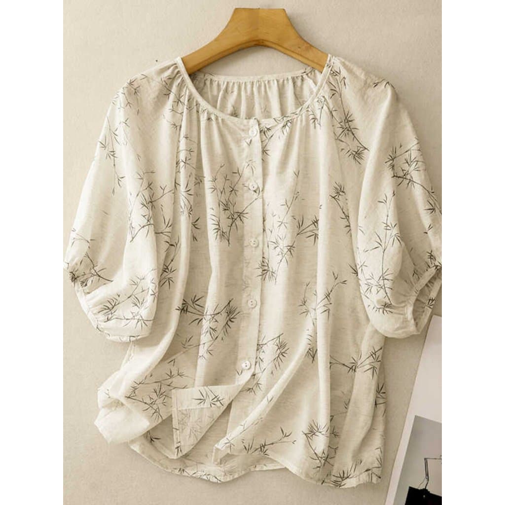 Novo estilo chinês estilo chinês tinta bambu algodão linho camisa de manga curta feminina verão tamanho grande capa solt
