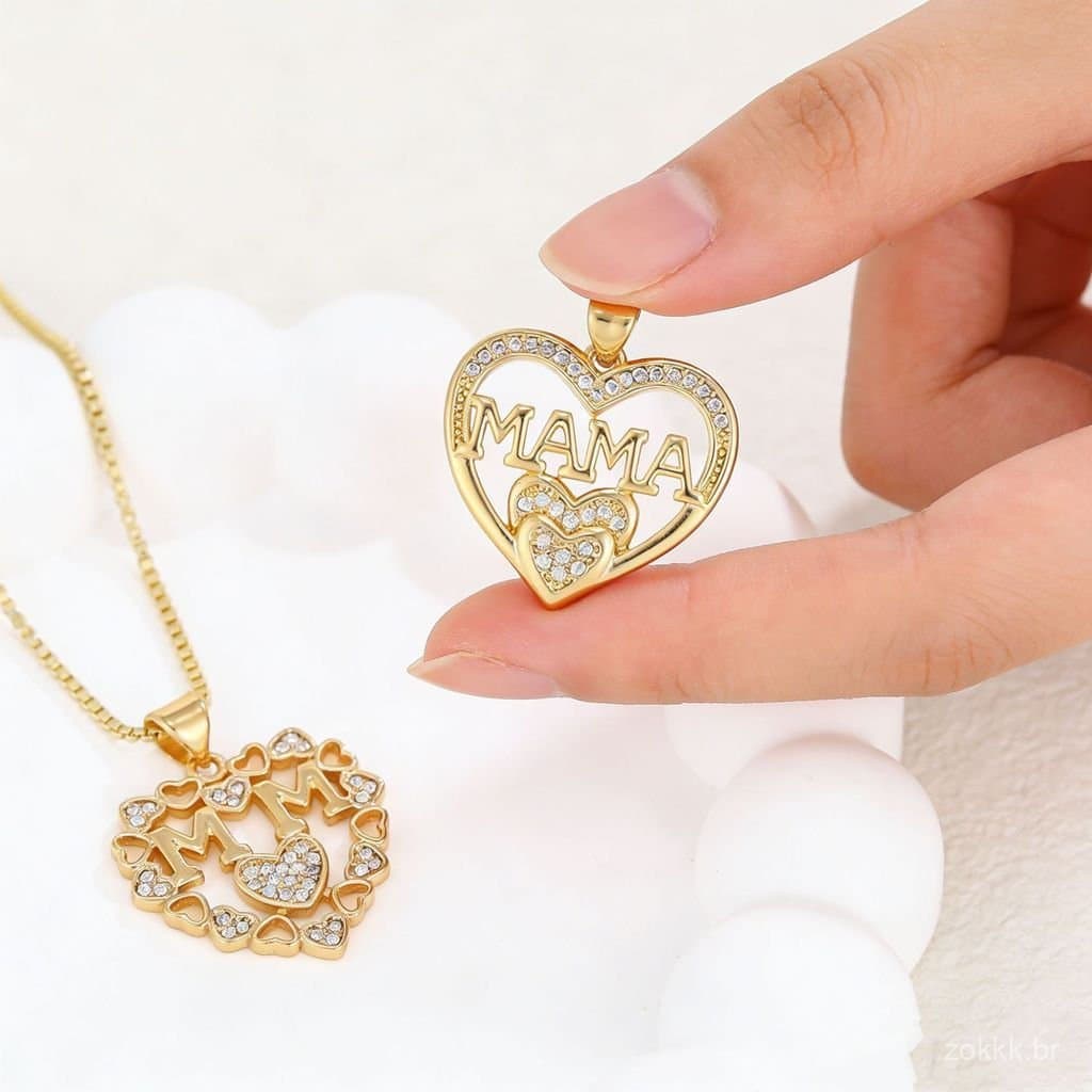 Joia Elegante Simples Pingente de Coração Cobre Incrustado com Zircônia Elegante Versátil Colar Pingente MAMA