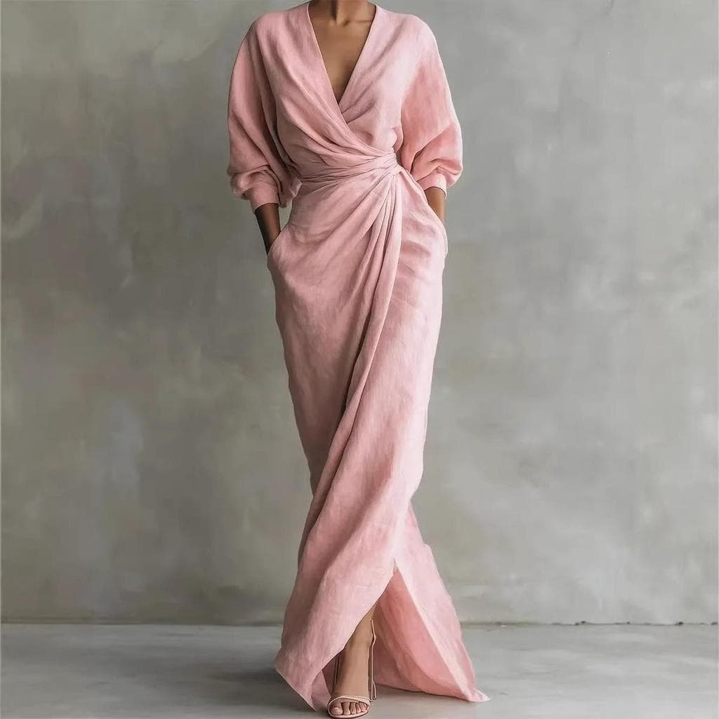 Elegante cor sólida com decote em V manga comprida fenda cintura estreita bolso vestido longo