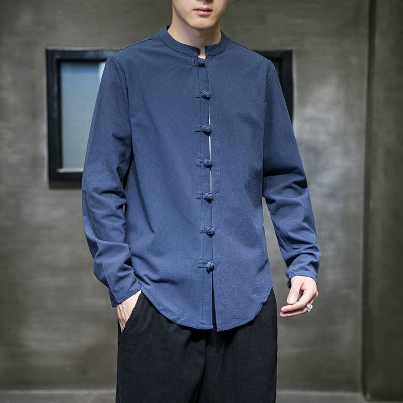 Cardigan de linho de manga comprida masculino solto fino algodão camisa de linho estilo chinês Retro Tang terno masculin