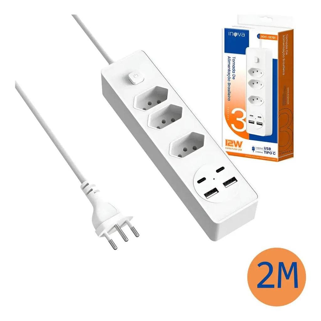 Tomada de Alimentação Brasileira Filtro de Linha Inova Cases com 3 Tomadas e 2 USB C, Protetor de Surto Bivolt Adaptador
