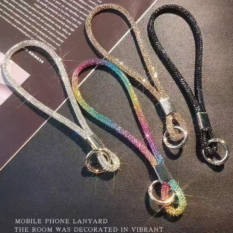 Alça de pulso para celular com detalhes de diamantes, acessório luxuoso e elegante com strass, corrente curta para celul