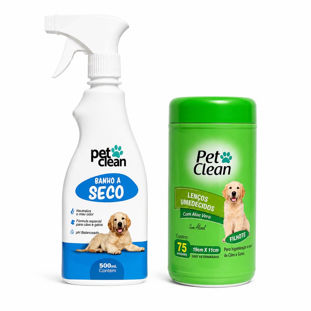 Kit Banho a Seco + Lenço Umedecido Filhote para Cães Banho Sem Enxágue Pet Clean