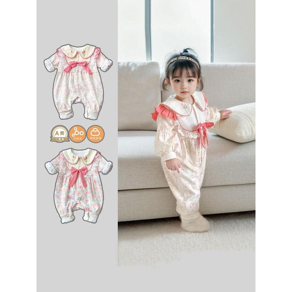 Pequena lua idade bebê menina roupas de outono 2024 novo estilo duplo macacão do bebê primavera outono estilo menina bon
