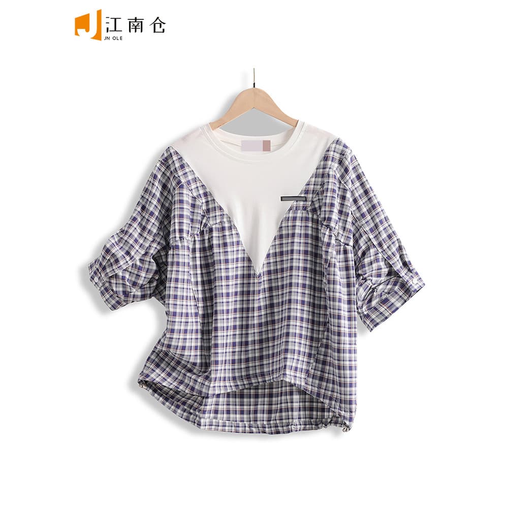Jiangnancang||Série de frutas Shopping retirada gabinete camisa leve feminina estilo japonês xadrez falso de duas peças