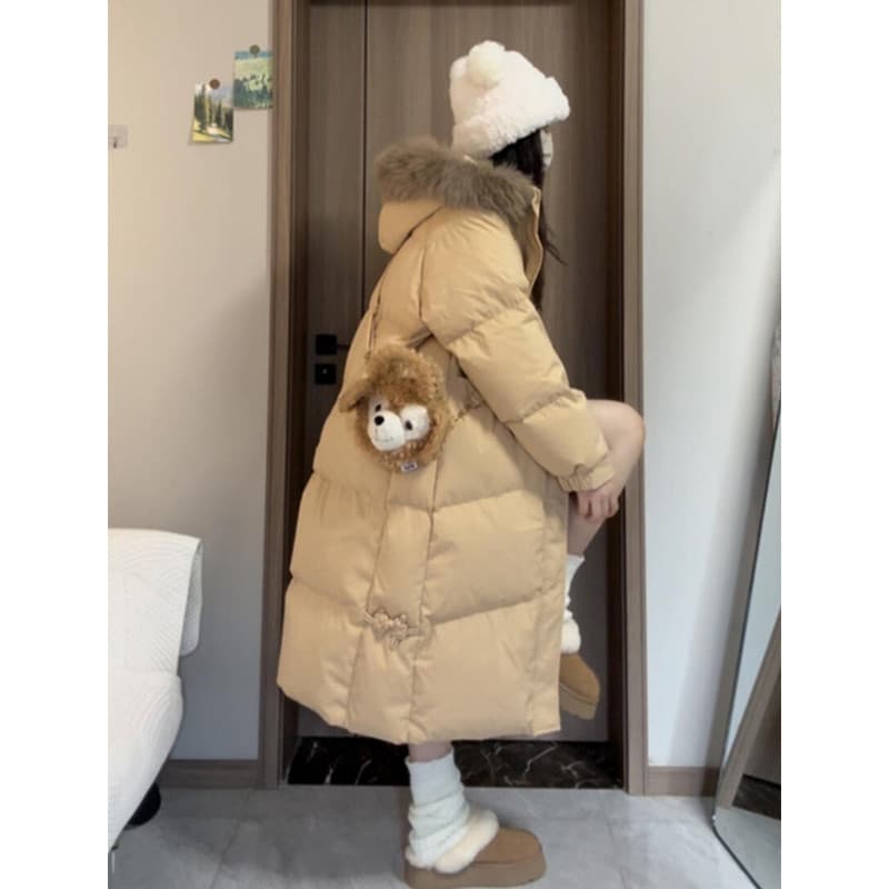 Grande gola de pele para baixo jaqueta acolchoada feminina comprimento médio 2025 novo estilo inverno estilo coreano gro