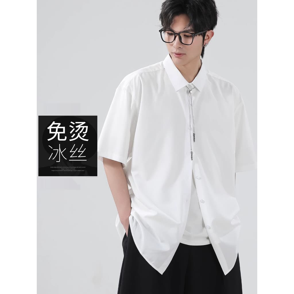 Camisa de manga curta de seda gelo masculina verão fino Casual branco não-ferro Anti-rugas camisa solta Drape sentimento