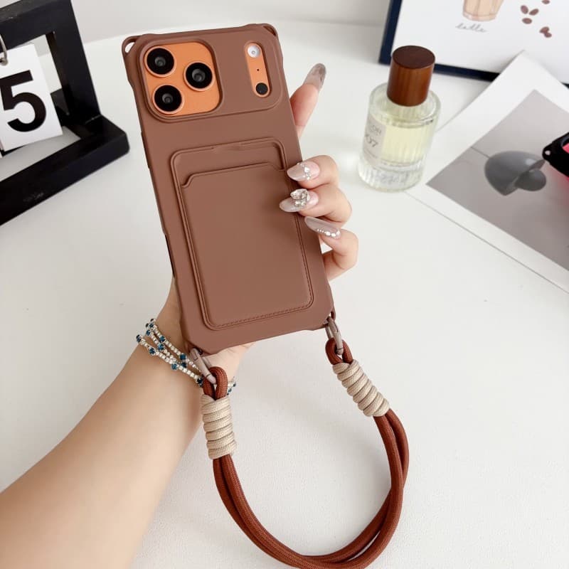 Cordão Carteira Caso Para iPhone 17 Pro Max 14 12 13 15 16 Plus 17Pro Slots De Cartão De Ar À Prova De Choque Doces Alça