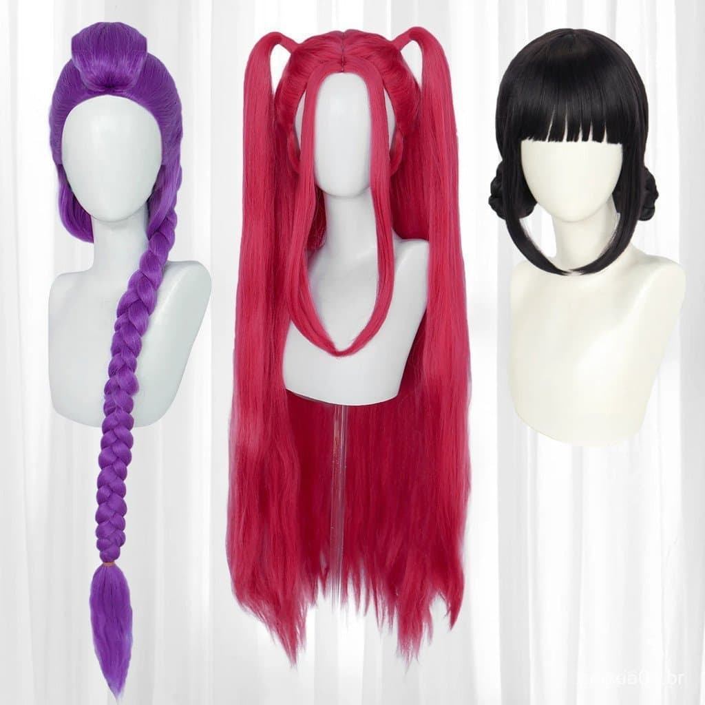 Peruca de Cosplay de Filme Kpop Mira Rumi Zoey Demon Slayer, Cabelo Longo Roxo, Preto e Vermelho, Resistente