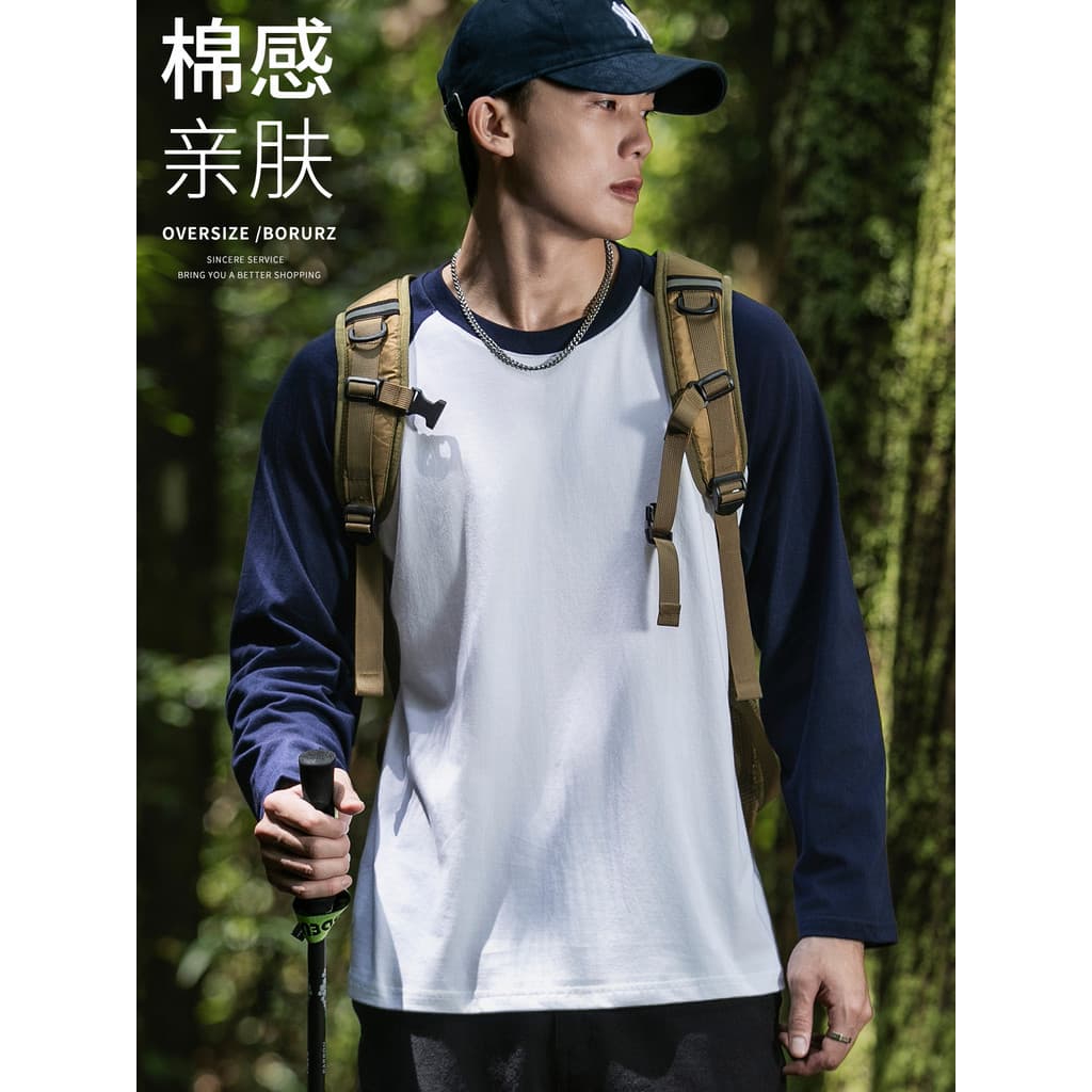 Camiseta masculina de manga comprida de algodão penteado pesado outono All-Match em torno do pescoço cor sólida camisa d