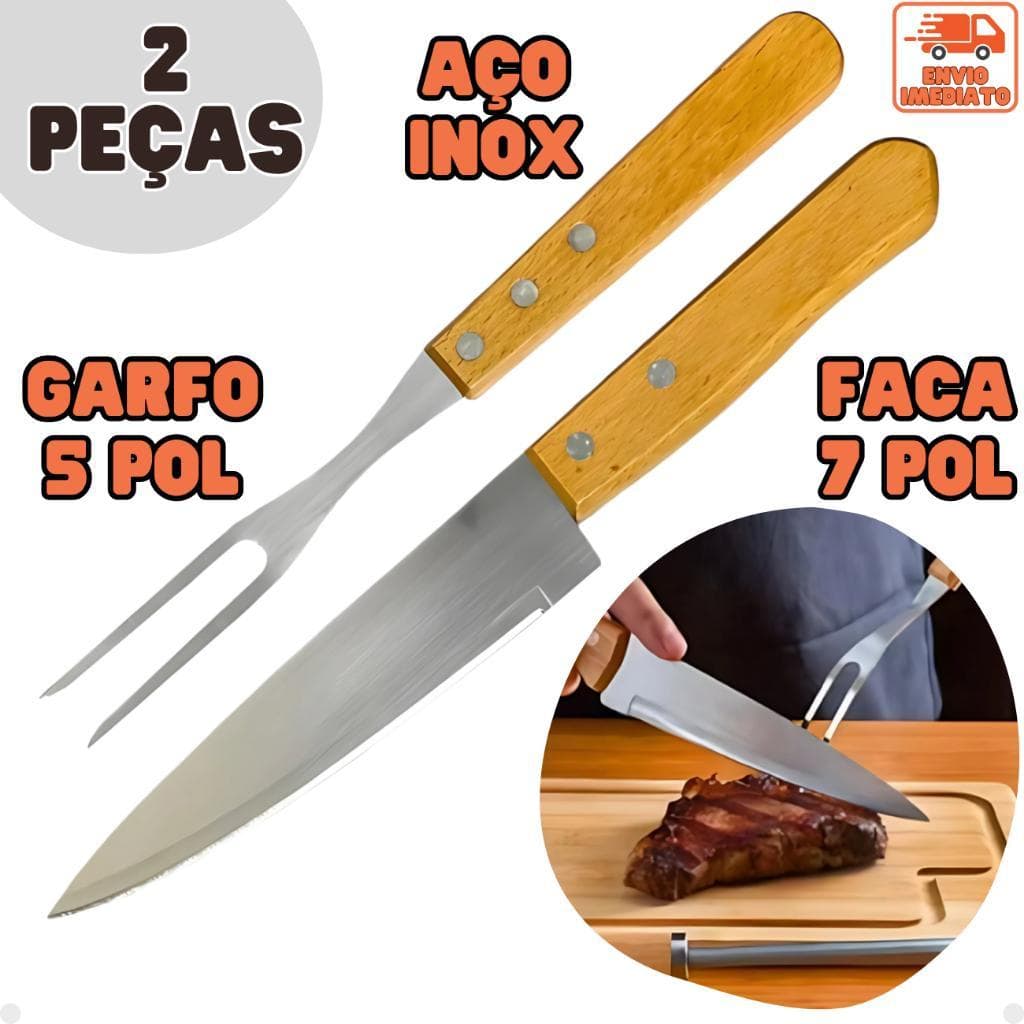 Kit Churrasco 2 Peças - Faca 7" E Garfo Trinchante 5" Cabo Madeira - Entre melhores facas de cozinha