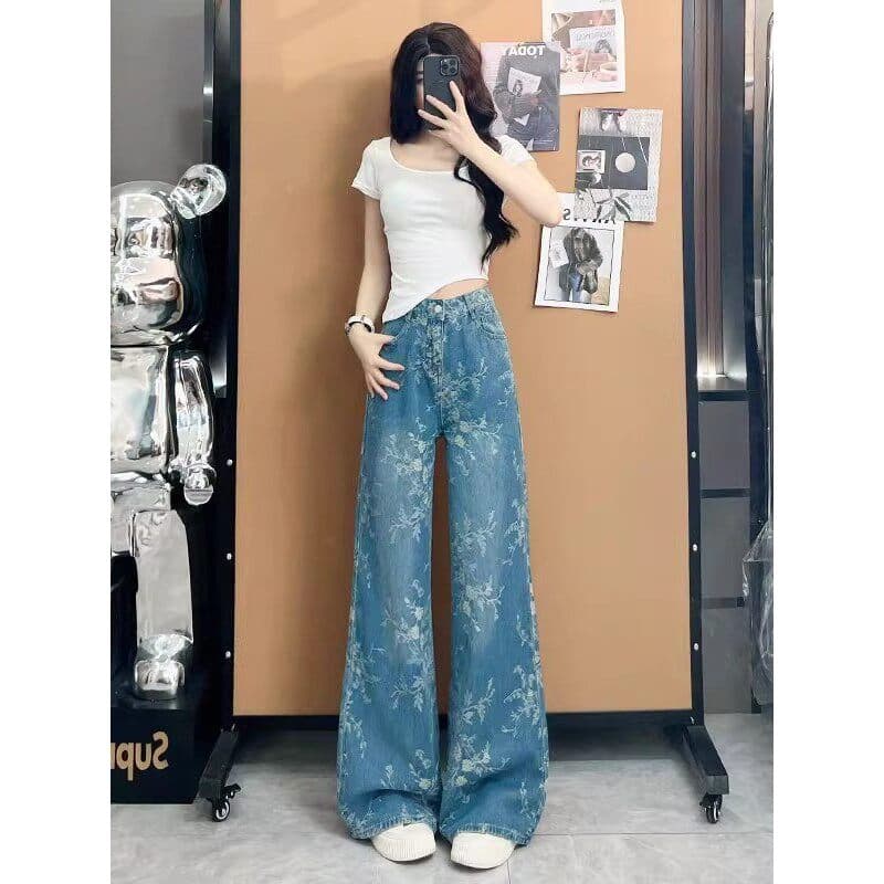 Design azul Jacquard bordado Jeans feminino novo estilo cintura alta solta calças de perna larga Retro piso reto esfrega