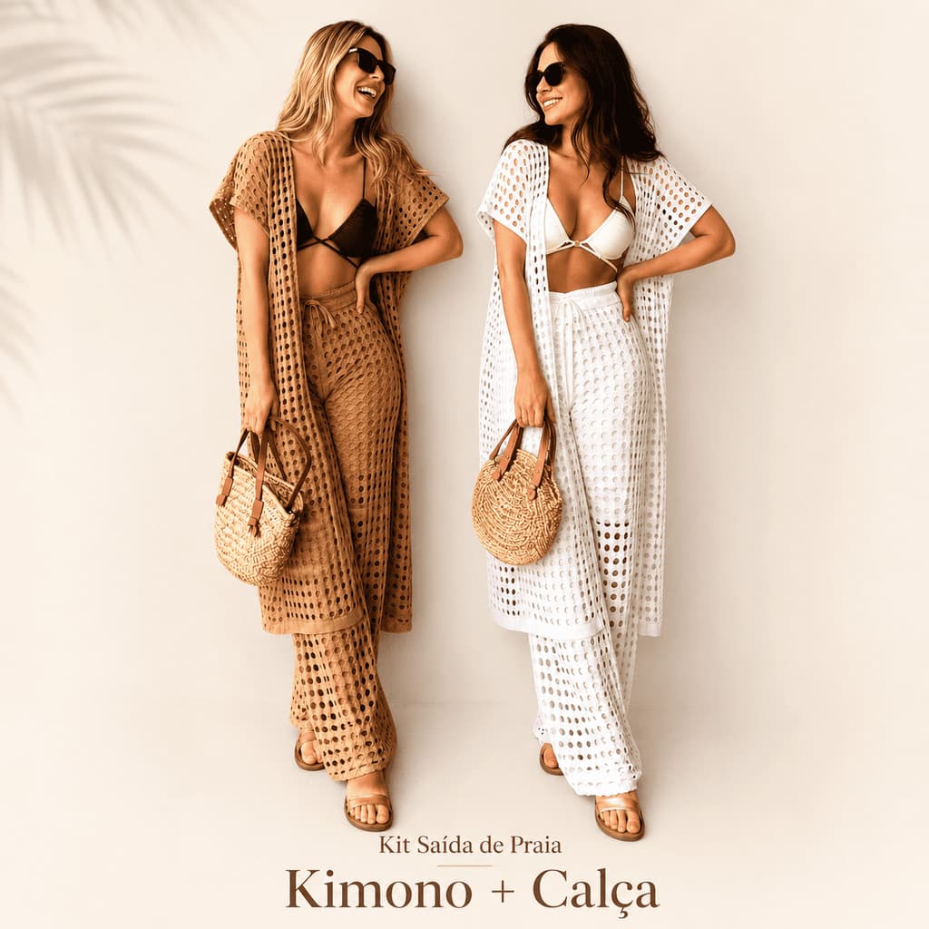Kit Saída de Praia Feminina Kimono e Calça Pantalona Tela Vazada Verão Moda Praia