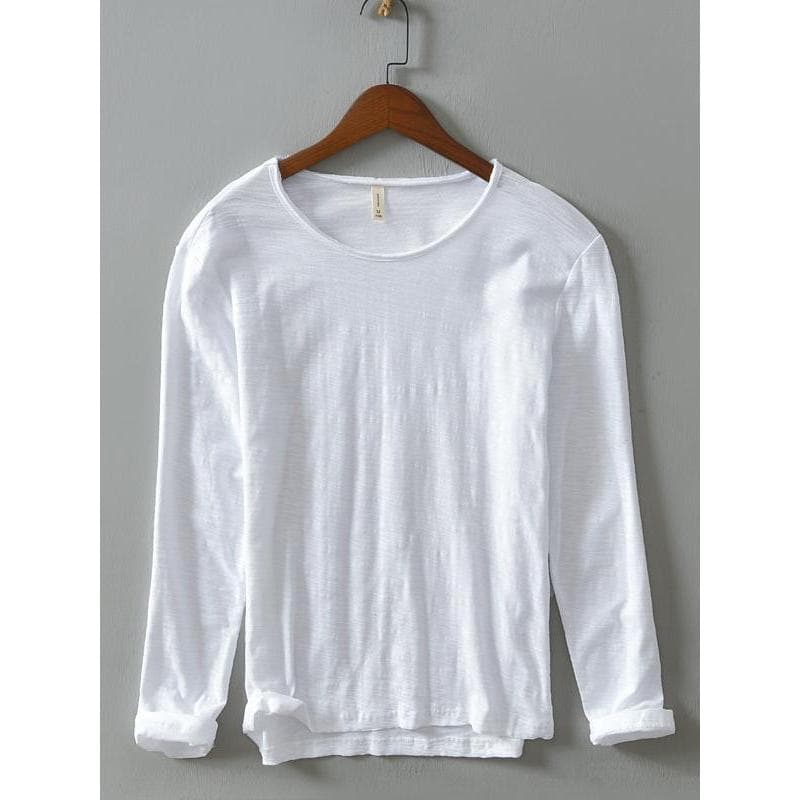 Camiseta masculina Casual de algodão puro de manga comprida, gola redonda, algodão Slub, camisa de fundo interno branco,