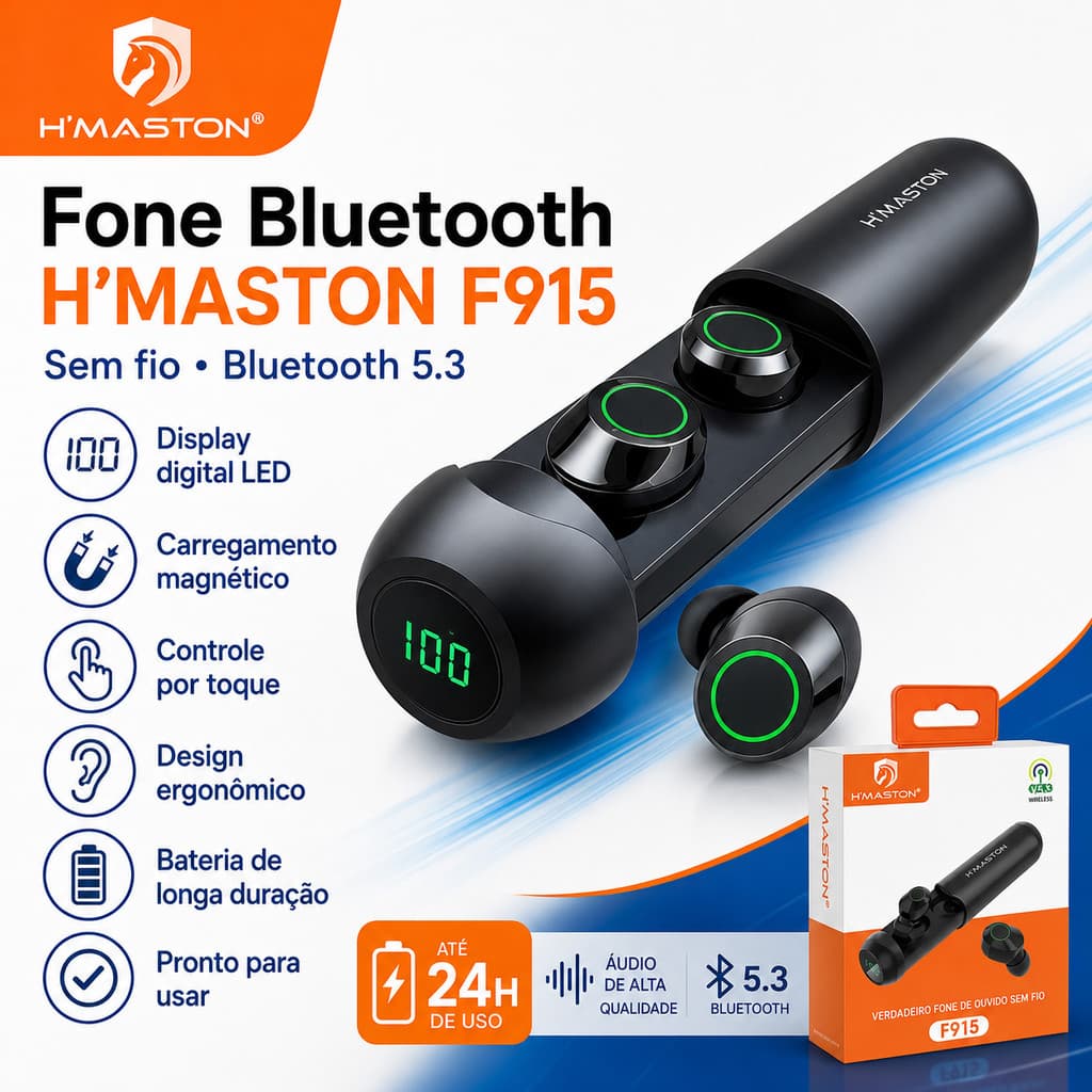 FONE DE OUVIDO SEM FIO BLUETOOTH 5.3 ORIGINAL H'MASTON F915 COM VISOR WIRELESS BATERIA DE LONGA DURAÇÃO