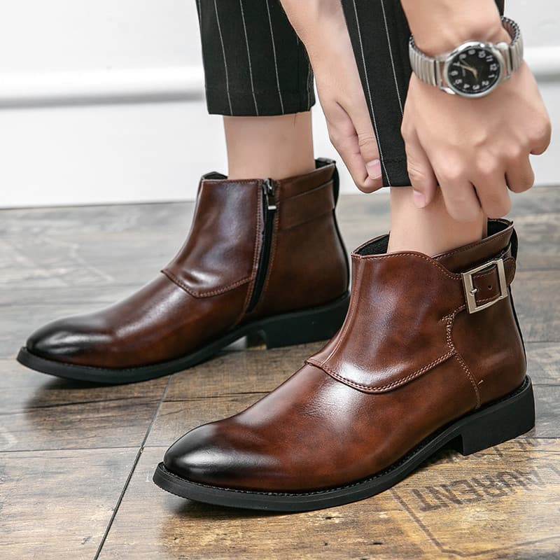 Botas Chelsea Estilo Britânico Versão Coreana Botas Curtas Mid-Top Business Casual Botas Masculinas Sapatos De Couro De