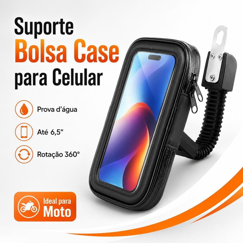 Suporte Bolsa Case para Celular Moto Retrovisor, Capa Impermeável até 6,5”, Rotação 360° para GPS