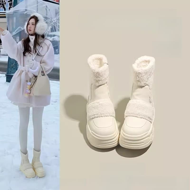 Botas de neve quentes de sola grossa pequenas femininas 2025 inverno novo estilo forro de lã engrossado confortável impe