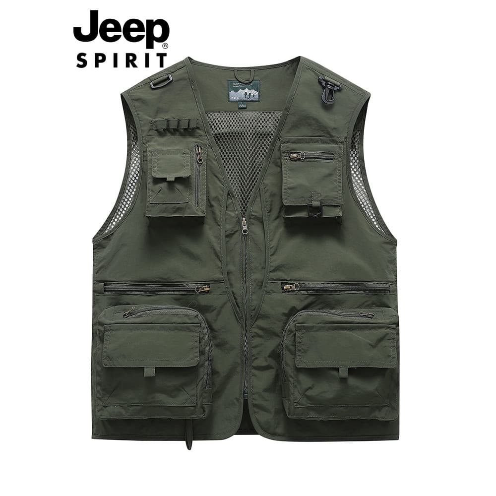 JEEP SPIRIT Colete de trabalho ao ar livre masculino com vários bolsos para fotografia de pesca com decote em V colete r