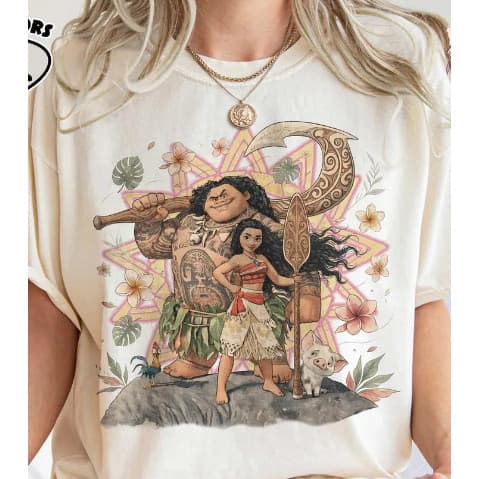 Camiseta Unissex 100% Algodão Adulto/Infantil Estilosa Filme Desenho Moana - Moana e Maui