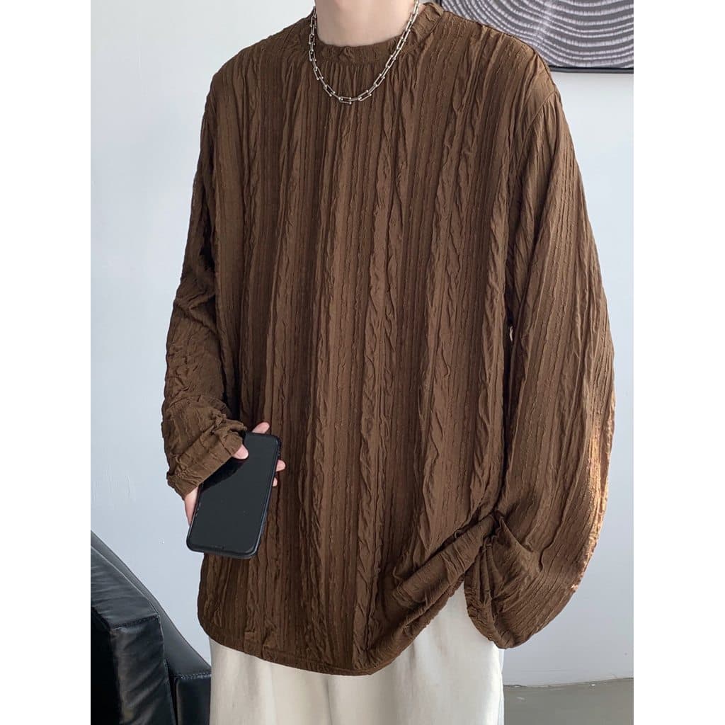 Verão fino de manga comprida camiseta masculina Street Wear plissado solto Casual respirável cor sólida em torno do pesc