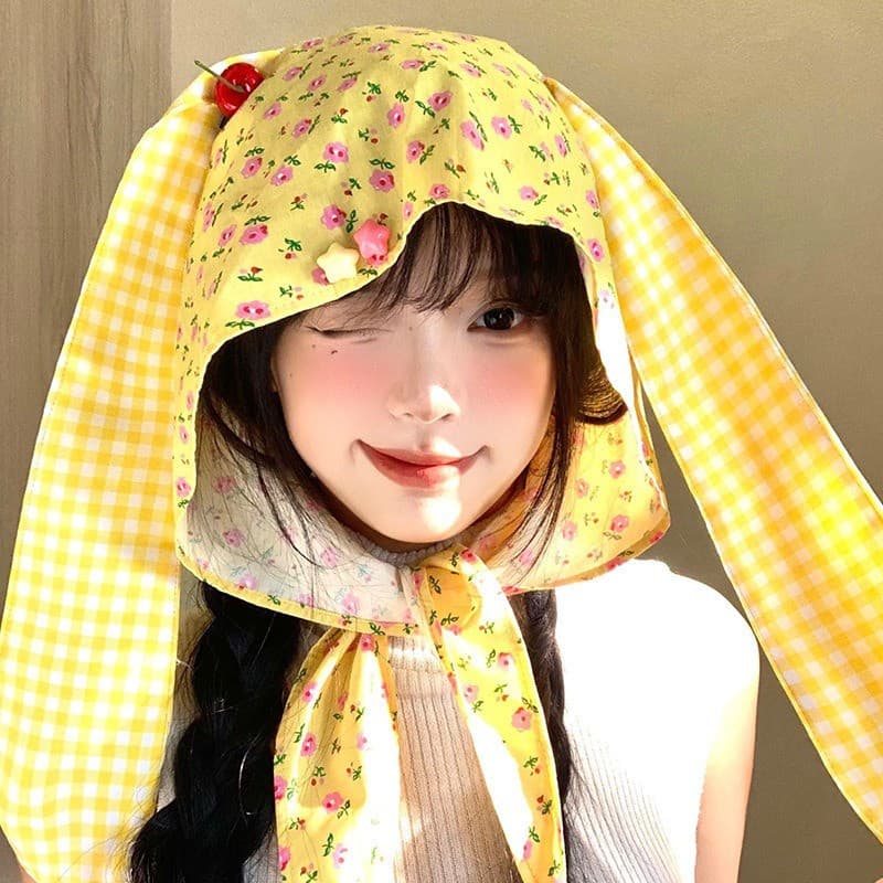Bonito Luz Vento Asiático y2k Flor Orelhas De Coelho Lenço Chapéu Feminino Verão Fino Guarda-Sol Cinta Bandana Boné Pulô
