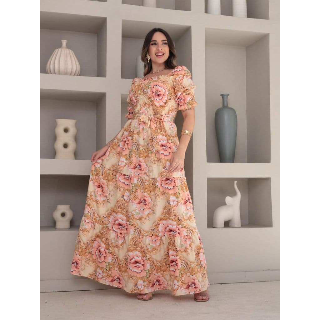 vestido longo elegante estampado crepinho lastex manga curta