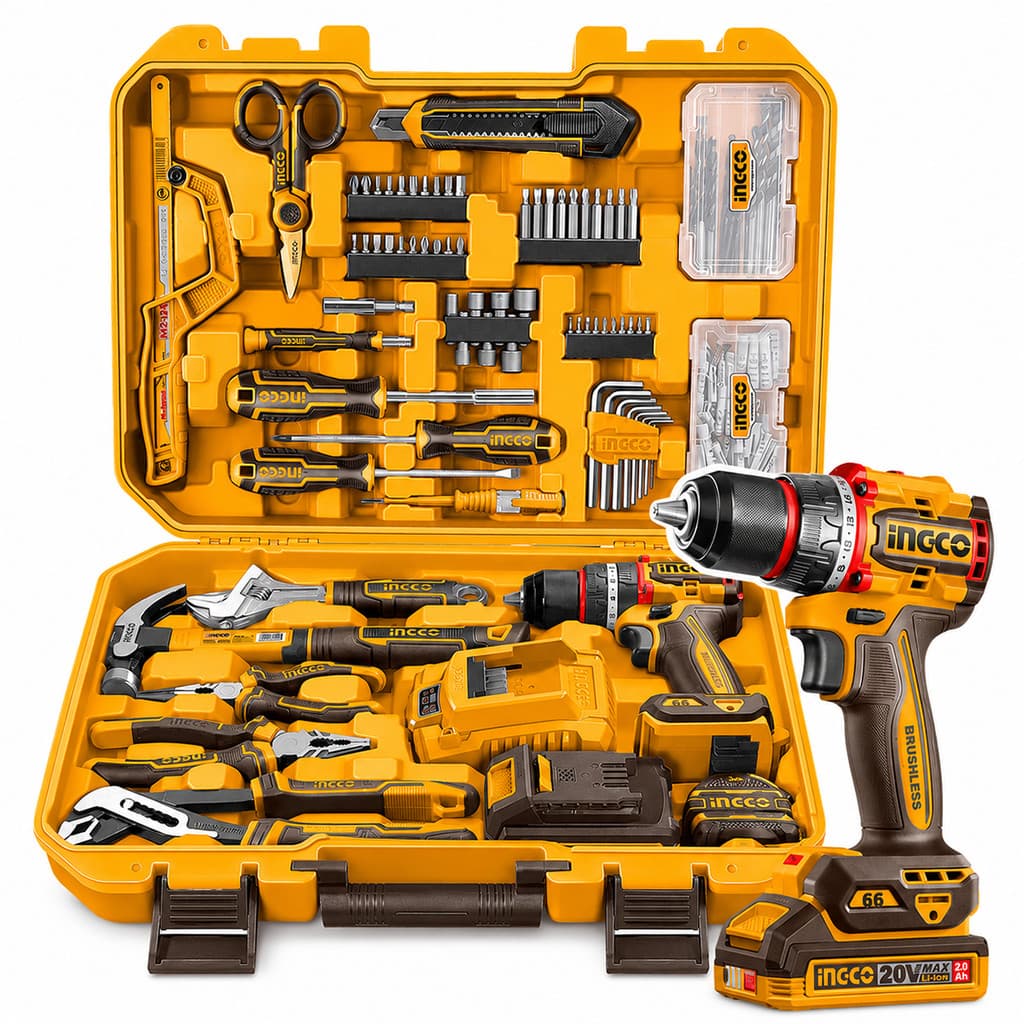 Kit Ferramentas 166pcs Furadeira Parafusadeira Impacto P20S INGCO HKTHP41662-9 Brushless 20V 66Nm