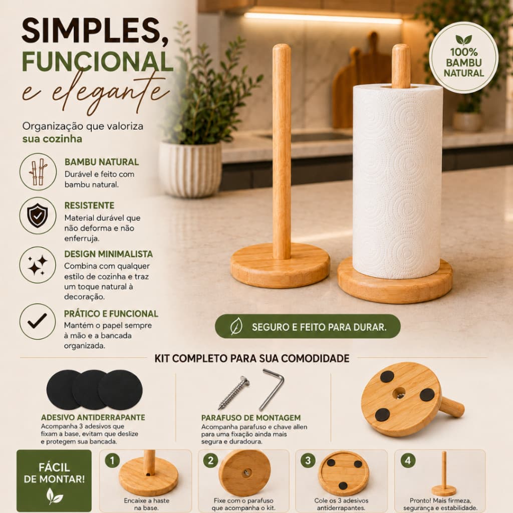 Porta Papel Toalha de Bambu – Suporte Moderno Elegante Resistente para Cozinha Papel de boca
