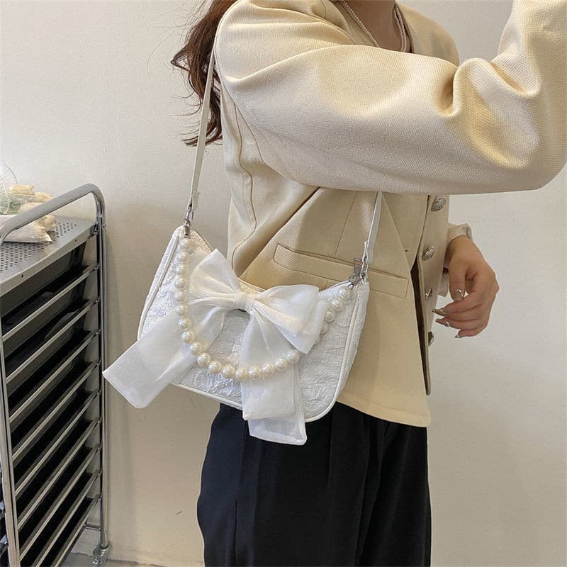 Bolsa De Ombro Feminina Com Corrente De Pérola E Laço , Crossbody Elegante De Alta Qualidade