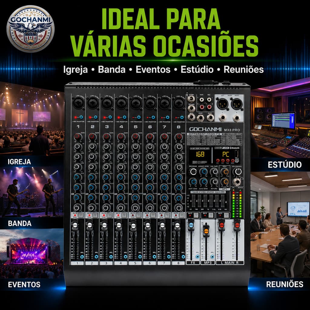 Mesa de Áudio 8 Canais com Phantom +48V Independente Interface USB Bluetooth e Saída para Fones