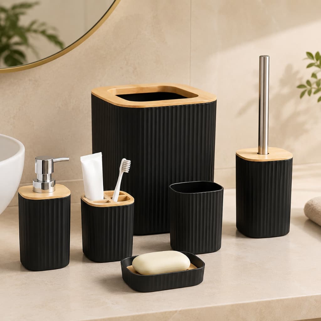 Kit de 6 peças para Banheiro Completo Luxo Lixeira, Porta Escova, Sabonete, Tampa Bambu Decorativa
