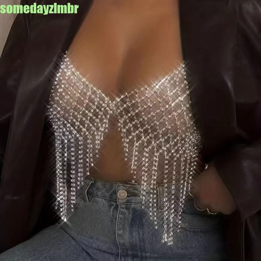 SOMEDAYZL0M Corrente De Peito De Strass , Sutiã Com Borla De Moda Brilhante Para Top Curto , Joias De Corpo Oco