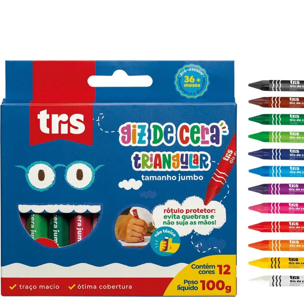 Giz De Cera Jumbo e Fino 12 Cores Triangular Tris - Material Escolar - Pré Escolar