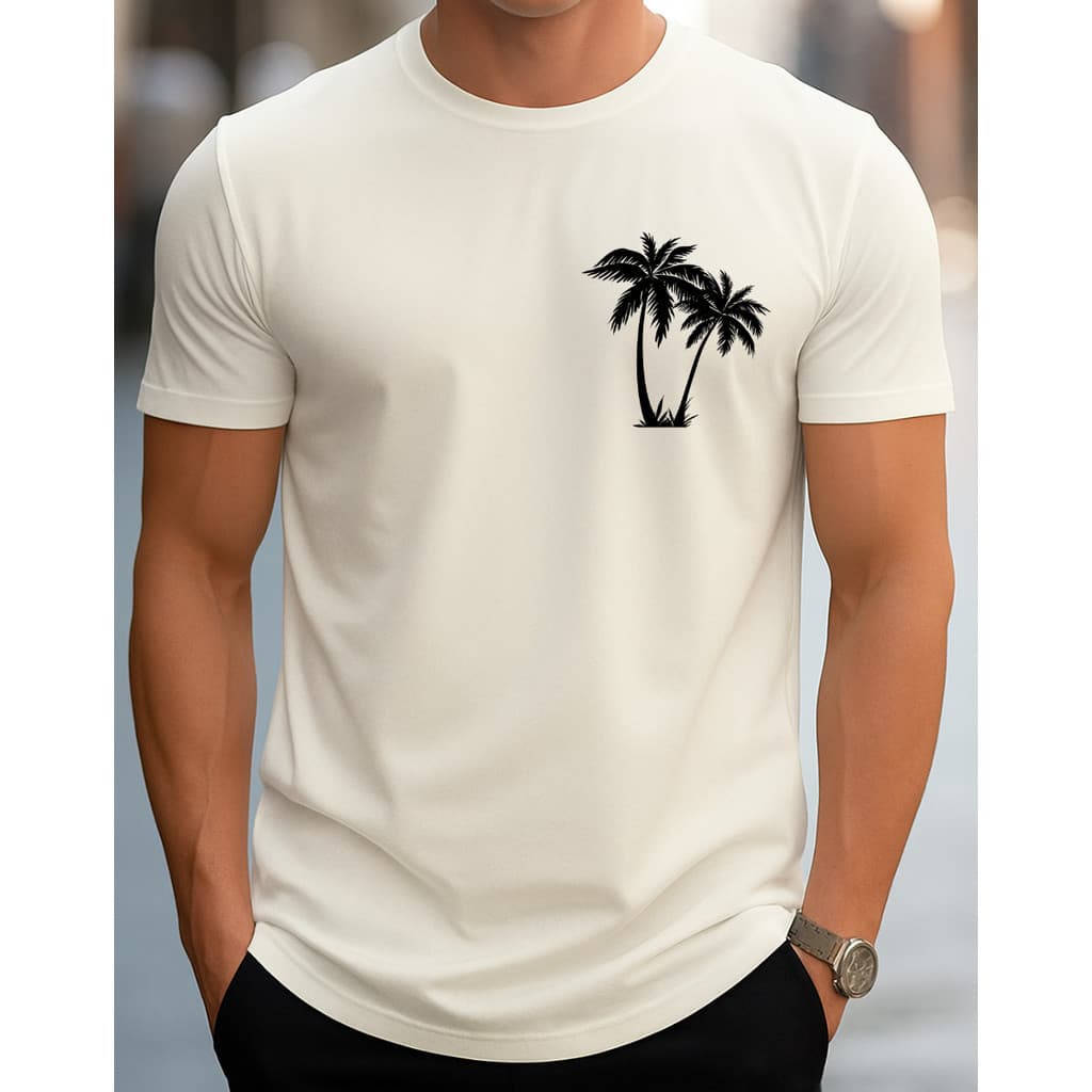 Camiseta Masculina Coqueiros Estampa no Peito Estilo Praia Streetwear Casual Moderna Confortável