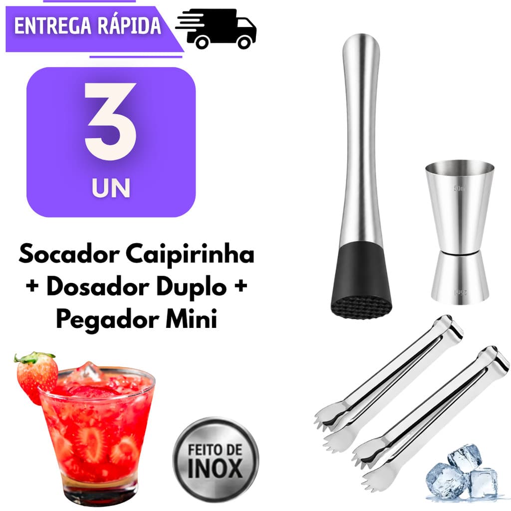 Kit Caipirinha 1 Socador 1 Dosador Duplo Bebidas Inox 25ml 50ml 1 Pegador De Gelo Drinks Bar Barman Bebida Pegadores