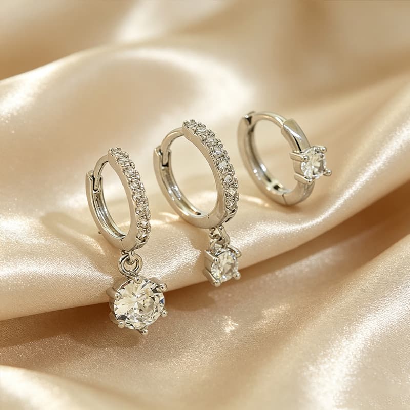 Kit 3 pares de brincos femininos prata 925, pingentes de flores incrustados com zircônia, banhados a ouro 18K